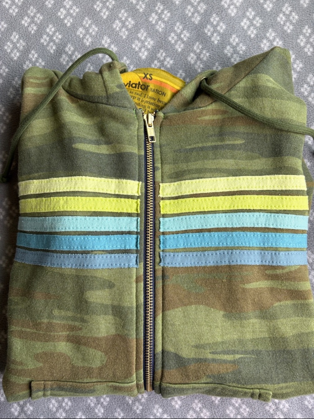 Aviator Nation Green Camo Zip Hoodie with Yellow and Blue Stripes - Picture 5 of 6